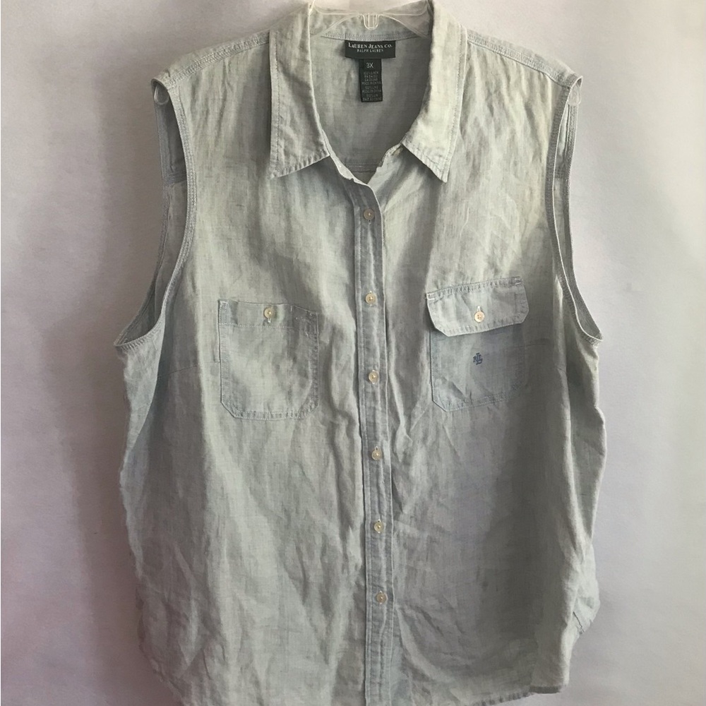 Ralph Lauren Light Blue Linen Sleeveless Button-Down Shirt